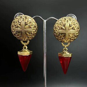 Vintage Carved Triangular Red Dangle Earrings